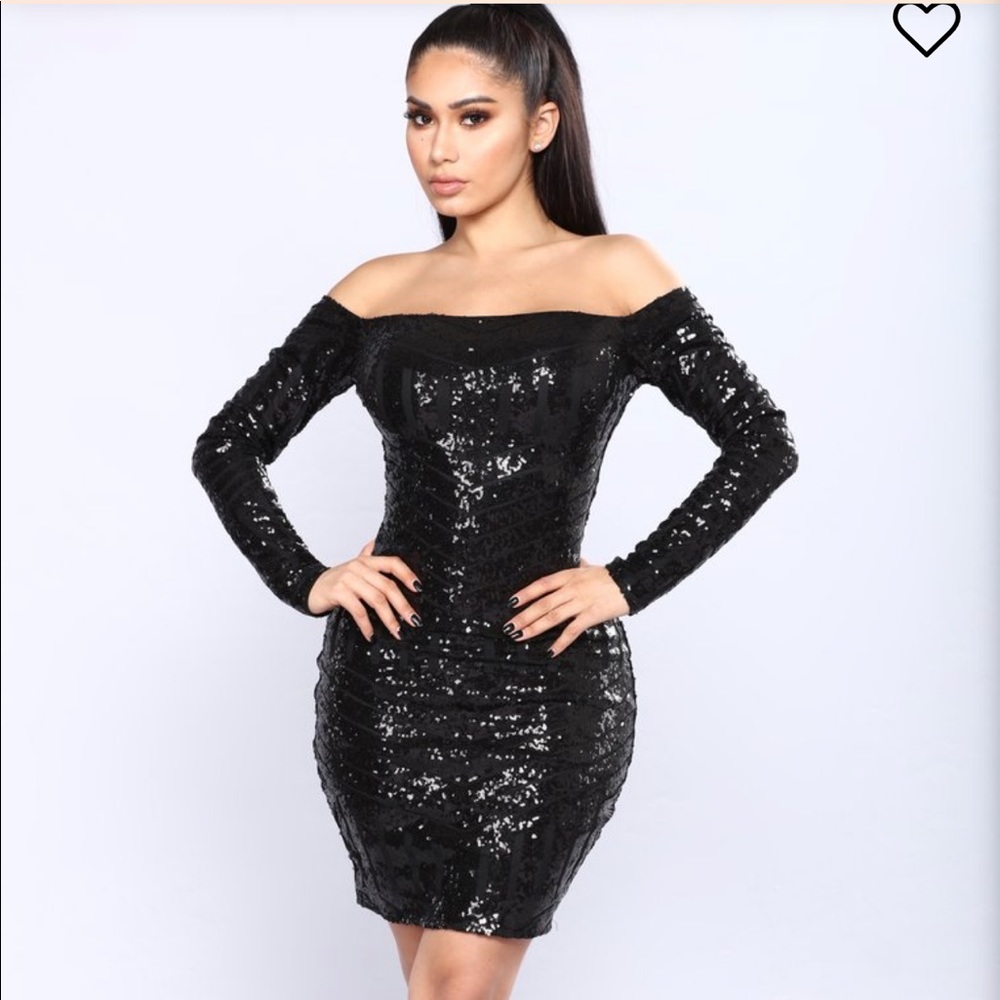 Sequin off the shoulder black cocktail dress